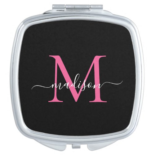 Black Pink Magenta Monogram Feminine Girly Script Compact Mirror