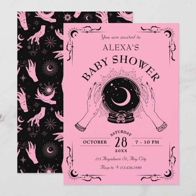 Black pink magic moon crystal ball baby shower invitation (Front/Back)