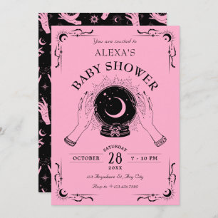 Black pink magic moon crystal ball baby shower invitation