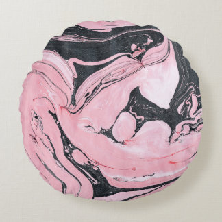 Black Pink Marble: Abstract Art Round Pillow
