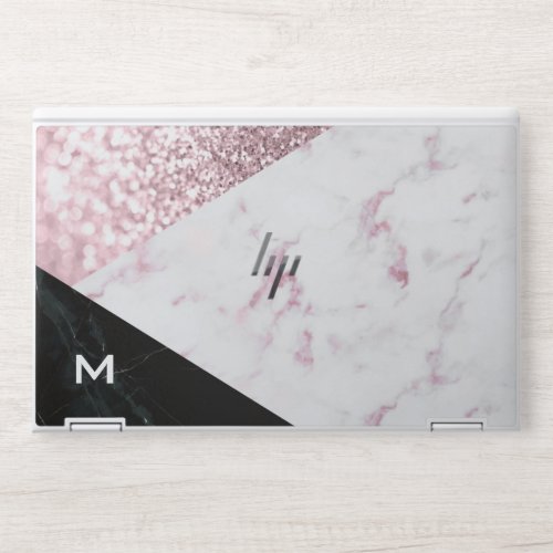 black pink marble rose gold glitter monogram HP laptop skin