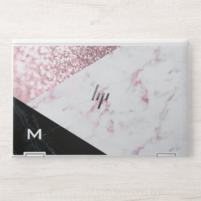 black pink marble rose gold glitter monogram HP laptop skin (Front)