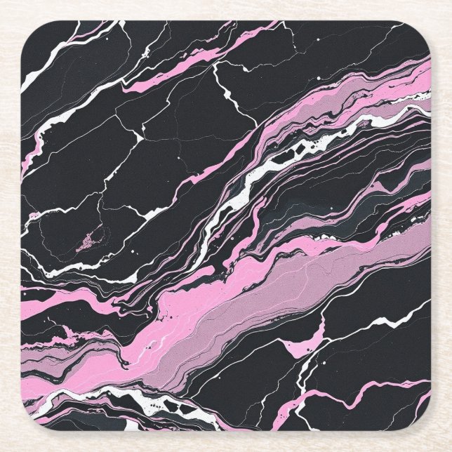 Black & Pink Marble Square Paper Coaster (Front)