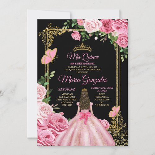Black Pink Mis Quince 15 Anos Butterfly Gold Crown Invitation