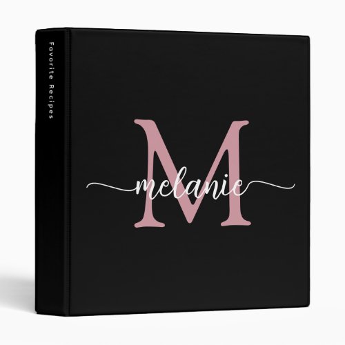 Black Pink Modern Script Monogram Recipe 3 Ring Binder