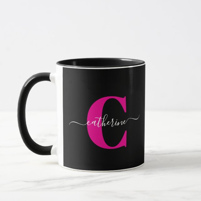 Black Pink Modern Stylish Script Monogram Name Mug (Left)