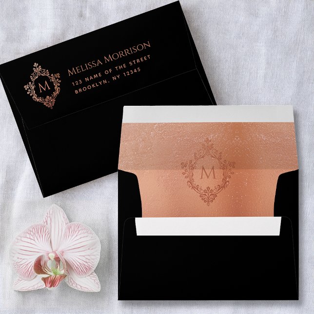 Black Pink Monogram Rose Gold Crest Return Address Envelope (Creator Uploaded)