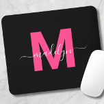 Black Pink Monogram Script Name Mouse Pad<br><div class="desc">Personalized Girly Modern Black and Pink Script Initial Monogram Mouse Pad. Add a touch of feminine charm and sophistication to your workspace with this chic mouse pad. It features a bold magenta hot pink initial centered on a sleek black background, creating a stylish and girly design. Perfect for students, professionals,...</div>
