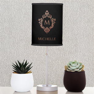 Black Pink Name Monogram Rose Gold Crest Elegant Table Lamp