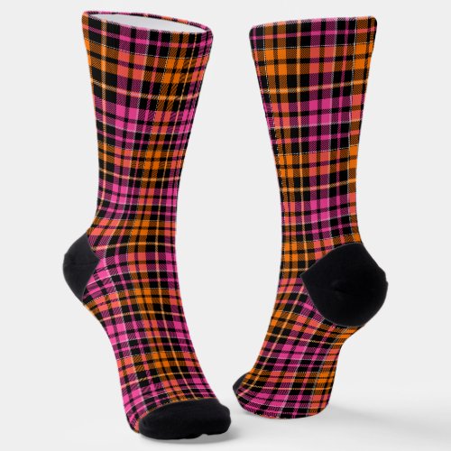 Black Pink Orange Plaid Tartan Design Socks