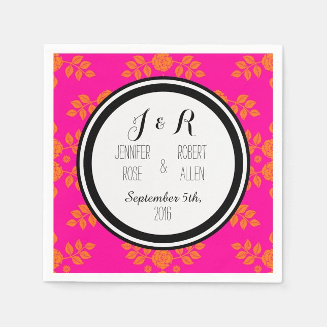 Black Pink Orange Roses Damask Wedding Napkins (Front)