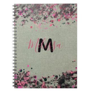Black Pink Paint Splatters On Canvas Name Monogram Notebook