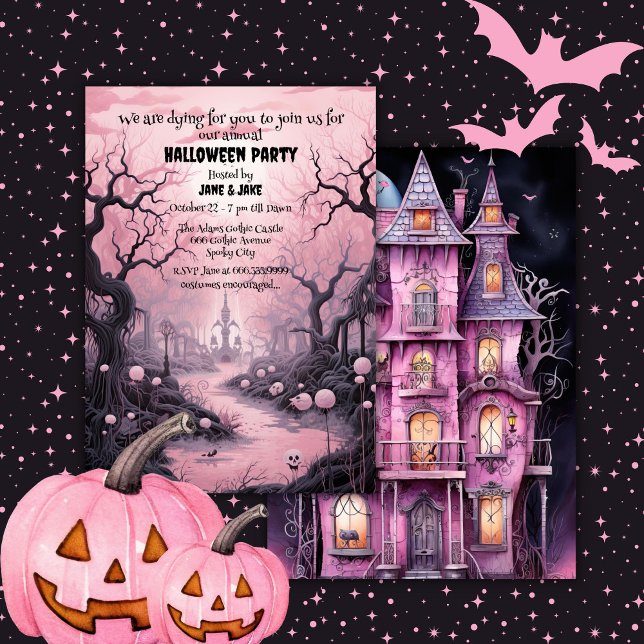 Black&Pink Pastel Goth Graveyard Halloween Party Invitation (Creator Uploaded)