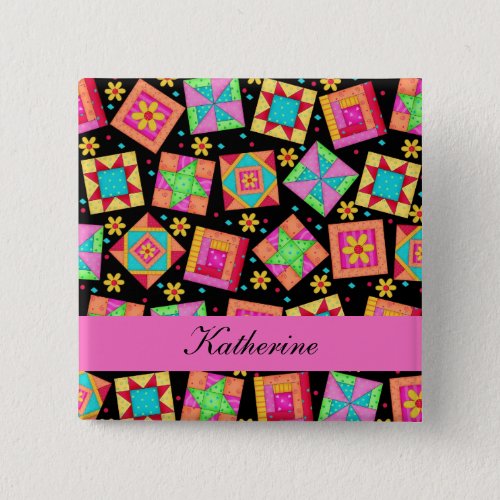 Black Pink Patchwork Quilt Blocks Name Badge Button