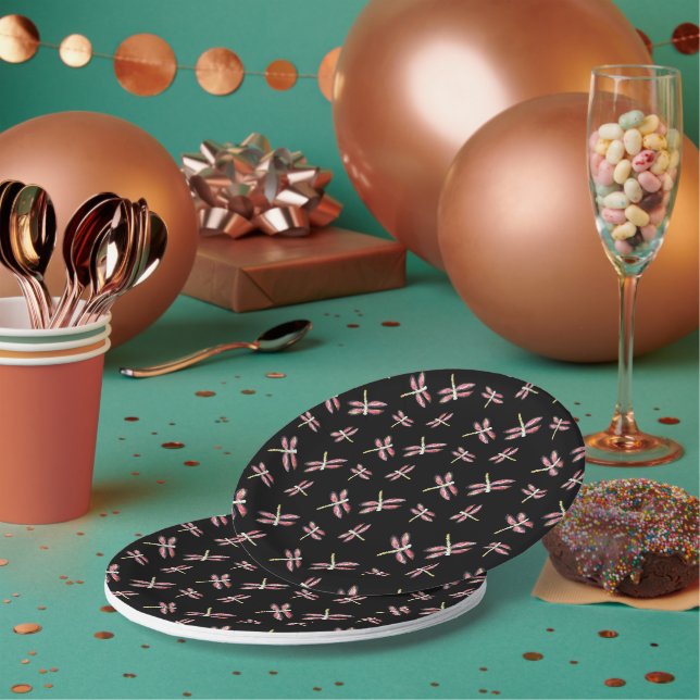 Black, Pink Pattern Dancing Dragonfly Paper Plates (Multi)