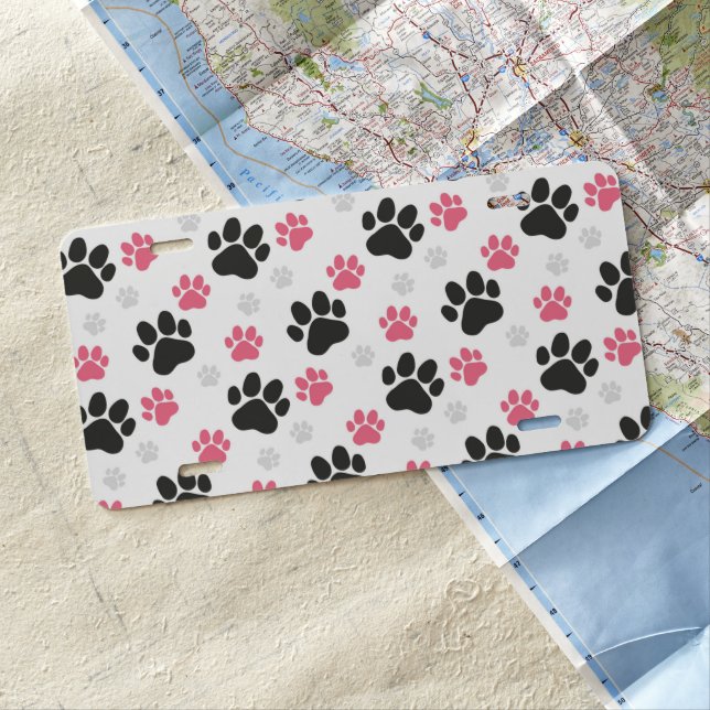 Black Pink Paw Print Dog Owner Puppy Lover Pets License Plate (In Situ)