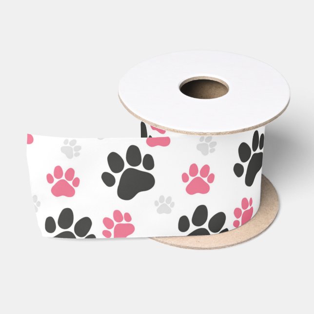 Black Pink Paw Print Dog Owner Puppy Lover Pets Satin Ribbon (Spool)