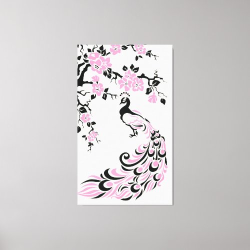 Black pink peacock and cherry blossoms custom canvas print