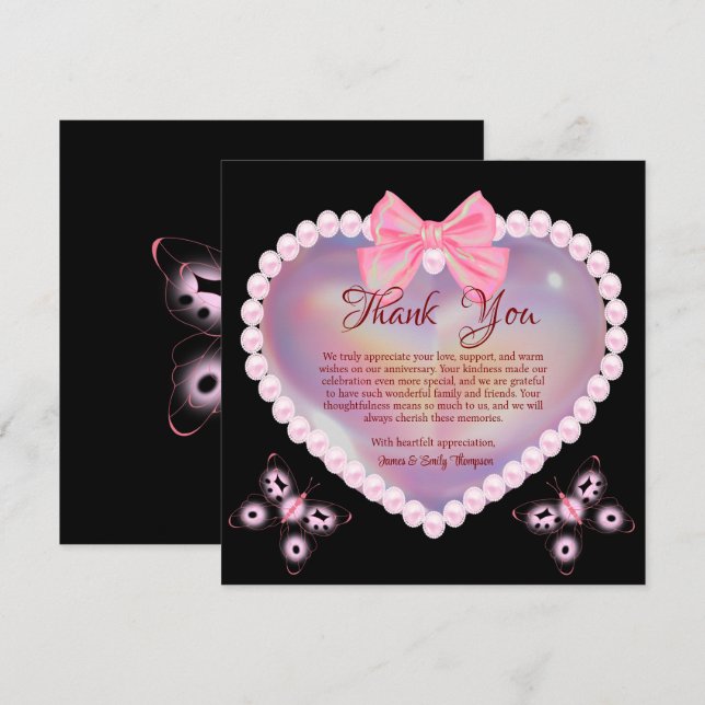 Black & Pink Pearl Wedding Anniversary Butterflies Thank You Card (Front/Back)