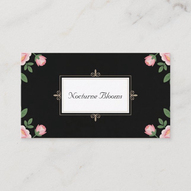 Black Pink Peony Floral Gold Scroll Business Card (Front)