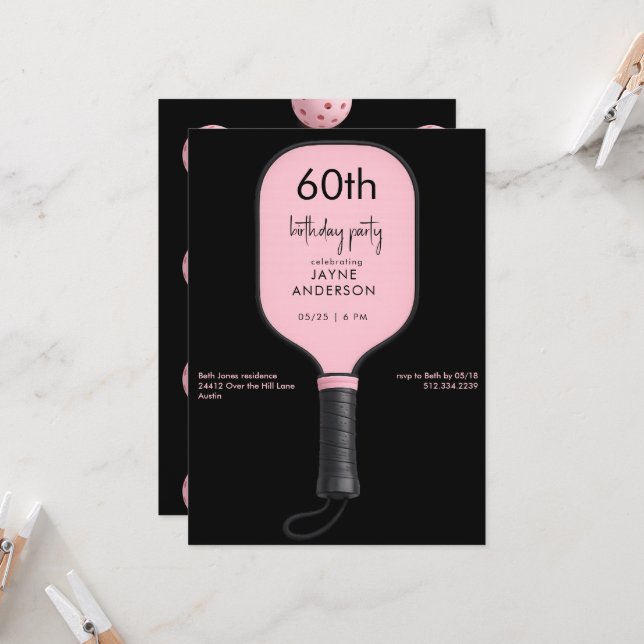 Black & Pink Pickleball 60th Birthdday Party Invitation (Front/Back In Situ)