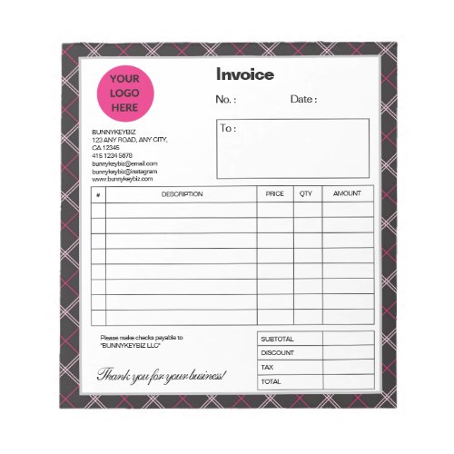 Black Pink Plaid Company Business Shop Invoice Notepad