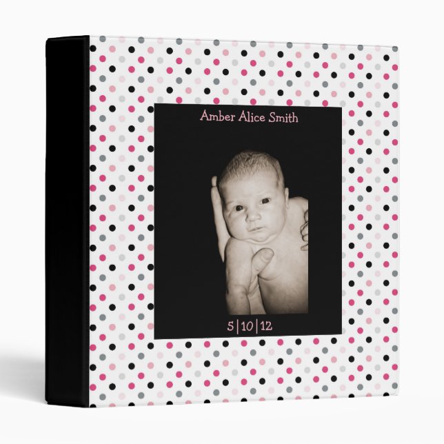 Black & Pink Polka Dot Baby Book 3 Ring Binder (Front/Spine)