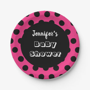 Black & Pink Polka Dot Custom Baby Shower Paper Plates