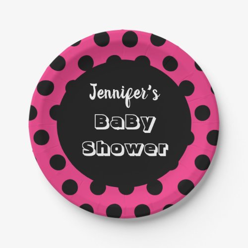 Black  Pink Polka Dot Custom Baby Shower Paper Plates