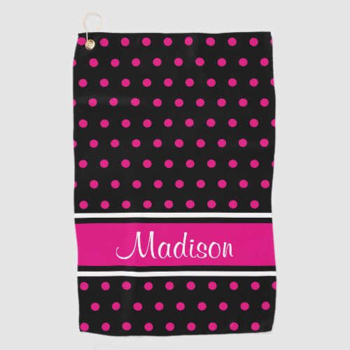 Black Pink Polka Dot Stripe Script Name Golf Towel