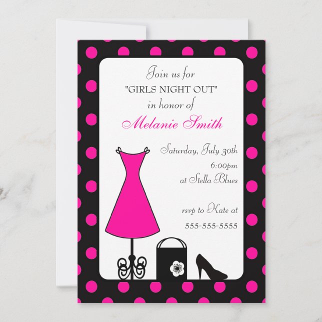 Black Pink Polka Dots Girls Night Out Pink Dress Invitation (Front)