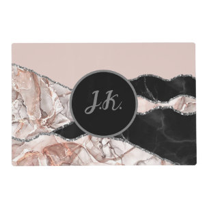 Black Pink Professional Marble Agate Glam Initial Placemat