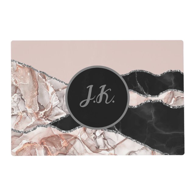 Black Pink Professional Marble Agate Glam Initial Placemat (Front)