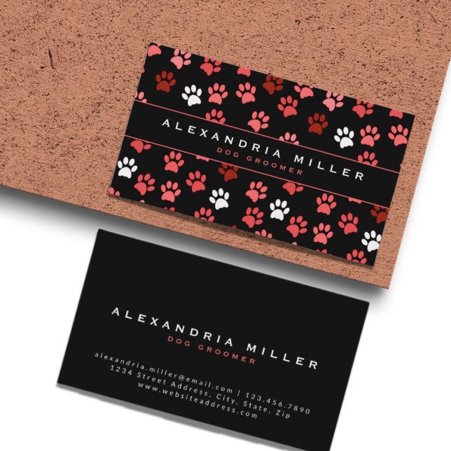 Black Pink Puppy Dog Paw Print Pattern Business Card (Creator Uploaded)