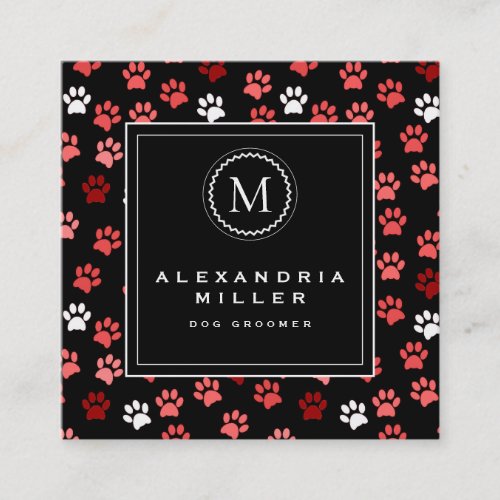 Black  Pink Puppy Dog Paw Prints  Monogram Square Business Card