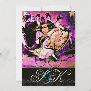 BLACK PINK PURPLE BICYCLE WEDDING DAMASK MONOGRAM INVITATION