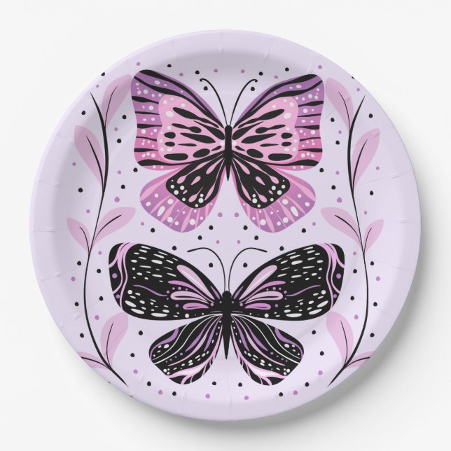 Black, Pink, Purple Butterflies  Paper Plates (Front)