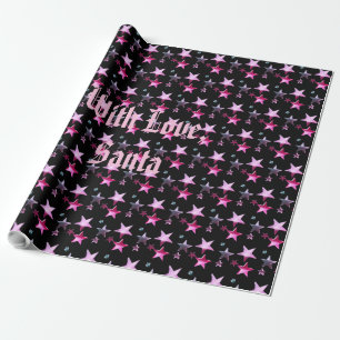 Black Pink Purple Christmas Stars Pattern Add Name Wrapping Paper