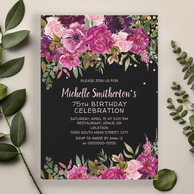 Black Pink Purple Floral Glitter 75th Birthday Invitation (Black 75th birthday party invitation with pink and purple floral and gold glitter)