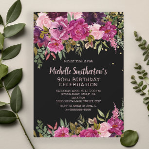 Black Pink Purple Floral Glitter 90th Birthday Invitation