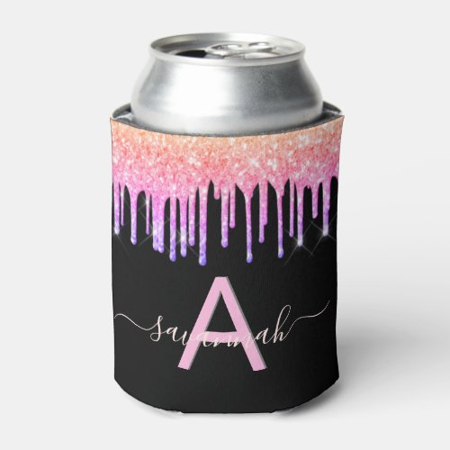 Black pink purple glitter drips monogram can cooler