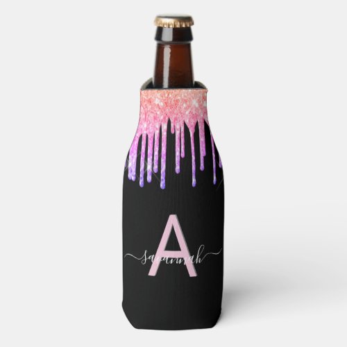 Black pink purple glitter drips party monogram bottle cooler