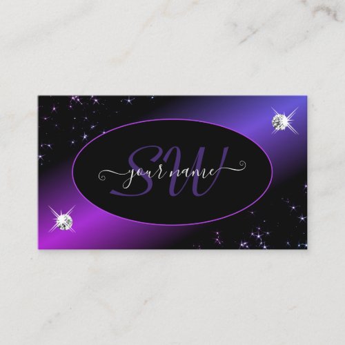 Black Pink Purple Glitter Stars Jewels Monogram Business Card