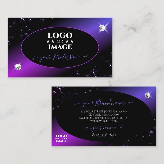 Black Pink Purple Glitter Stars Jewels with Logo Business Card (Front/Back)