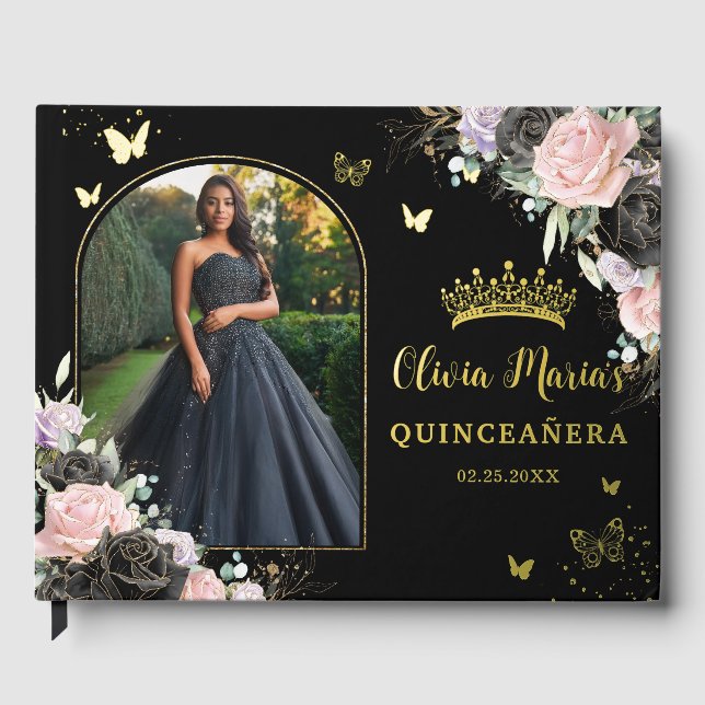 Black Pink Purple Lilac Floral Quinceañera Photo  Foil Guest Book (Front)