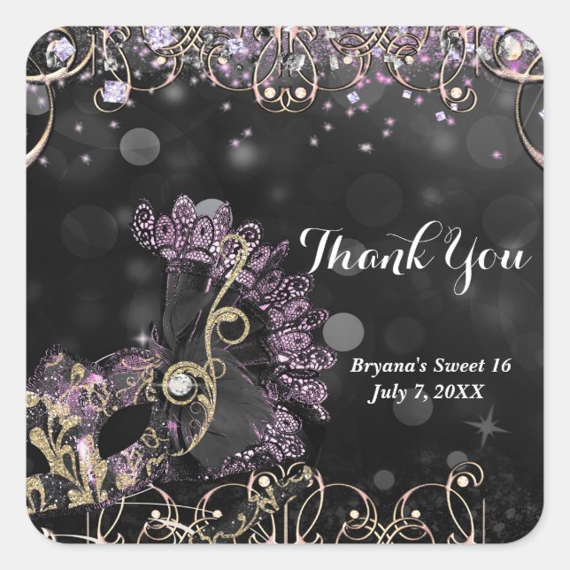 Black & Pink Purple Masquerade Costume Mask Party Square Sticker (Front)