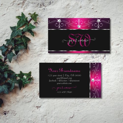 Black Pink Purple Orante Sparkle Diamonds Initials Business Card