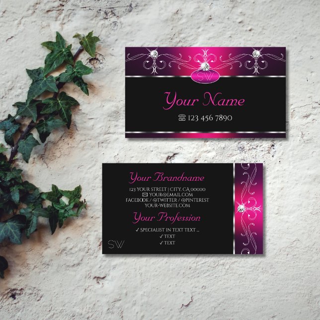 Black Pink Purple Orante Sparkle Diamonds Monogram Business Card (Creator Uploaded)