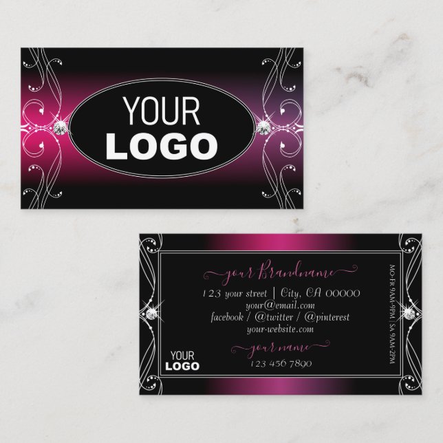 Black Pink Purple Ornate Sparkle Diamonds Add Logo Business Card (Front/Back)