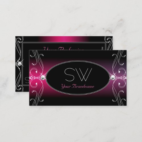 Black Pink Purple Ornate Sparkle Diamonds Initials Business Card